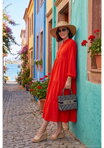 Lela Modest Regular Fit Dik Yaka Uzun Bayan Elbise 611El545 Oranj