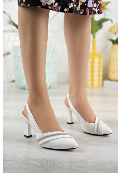 Nesil Shoes Tam 505 Beyaz Taşlı Topuklu Kadın Sandalet Beyaz