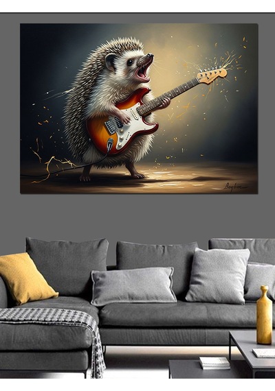 Ahşap Tablo Gitar Çalan Küçük Kirpi Karakteri Yiyecek Ve İçecek Tabloları