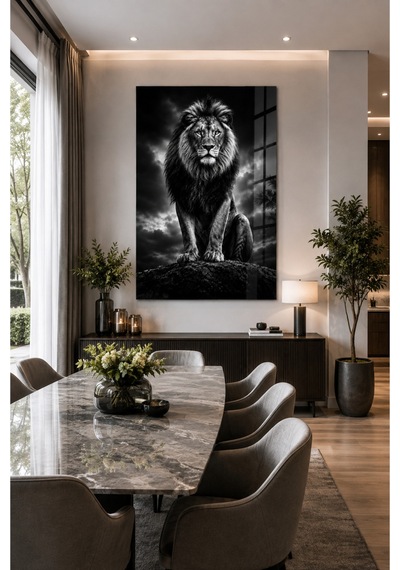 Siyah Beyaz Aslan Cam Tablo Dekoratif Duvar Tablosu Modern Tasarım 4k Hd Baskı 3d