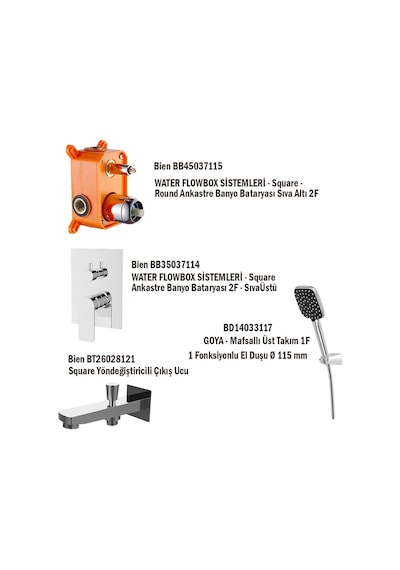 Bien 2f Square Water Flowbox Sistemleri Ankastre Banyo Bataryası Seti Krom