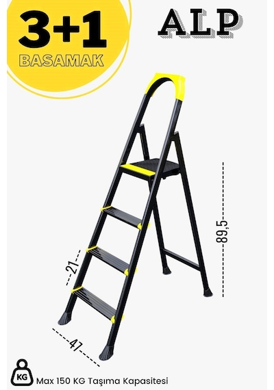 Alp Siyah 3+1 Metal Basamaklı Katlanabilir Merdiven 3+1