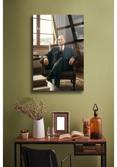 Atatürk Cam Tablo - Portre - Cam Tablo - Duvar Dekoru - Atatürk Portresi - Kaliteli Baskı Ata024 Atatürk Temalı Dekoratif Duvar Tablosu, Salon, Ofis Ve Çalışma Alanı Dekoru,