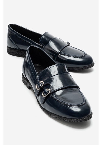 Luvi Shoes Daly Lacivert Kırışık Rugan Hakiki Deri Tokalı Kadın Loafer Ayakkabı