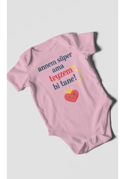 Morivokids Annem Süper Ama Teyzem Bi Tane Kısa Kollu Bebek Body %100 Pamuk Koyu Pembe