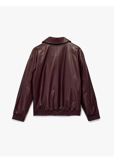 Koton Klasik Yaka Cepli Fermuarlı Suni Deri Oversize Bomber Ceket Bordo 6wal20150ıw Bordo