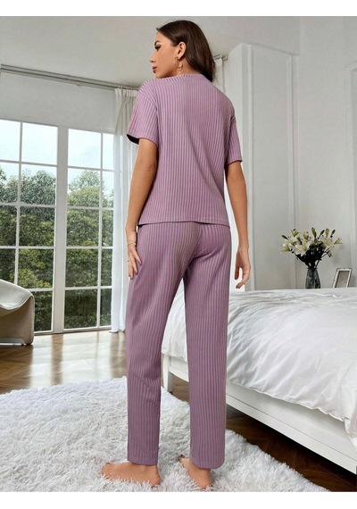 Bella Notte V Yaka Pamuklu Kısa Kollu Mevsimlik Pijama Takımı Mor