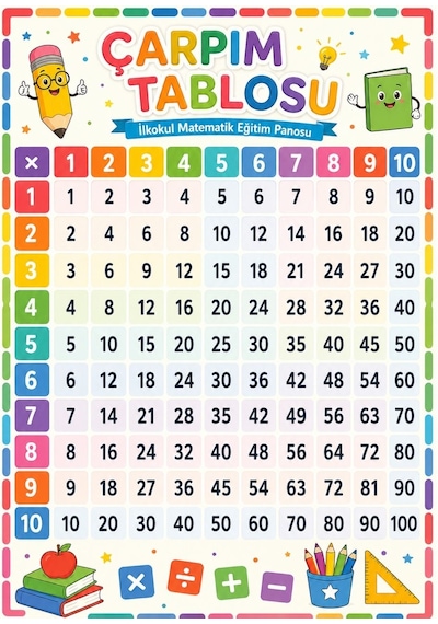 Çarpım Tablosu 1-10 İlkokul Matematik Eğitim Afişi 50x70 Cm Tüm Yaşlar 52389999