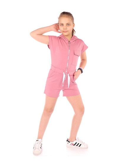 Toontoy Kids Toontoy Kız Çocuk Kapüşonlu Fermuarlı Cepli Kısa Kol Kısa Tulum - Bağcık Detaylı Gül Kurusu Toontoy Kids Toontoy Kız Çocuk Kapüşonlu Fermuarlı Cepli Kısa Kol Kısa Tulum - Bağcık Detaylı Gül Kurusu