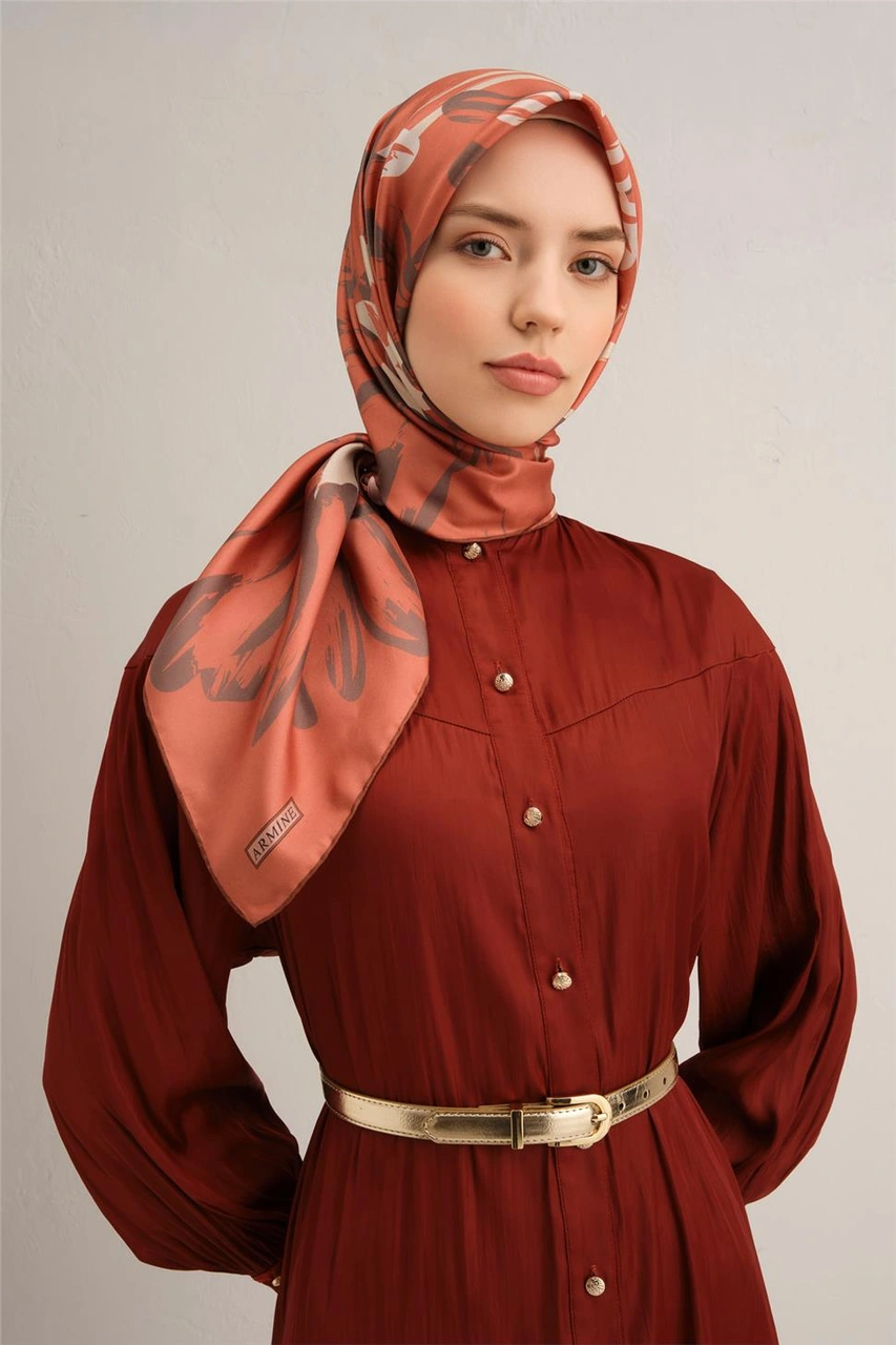 Armine Çiçek Desenli Saf İpek Sura Eşarp 9322d 55 Turuncu