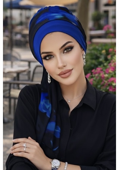 Aişe Tesettür Saks Siyah Batik Fularlı Bone