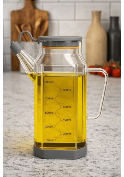 Şeffaf Cam 800 Ml Yağdanlık Sürahi Akıtmaz & Kaymaz Silikon Tabanlı Yağlık - Gri Gri