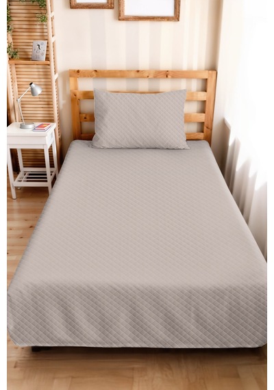 Gri Minimal Genç Odası Tek Kişilik Pike Takımı - Bej Modern 160x220 Cm Kapitone Yatak Örtüsü Sabahçı Saman Nüansı