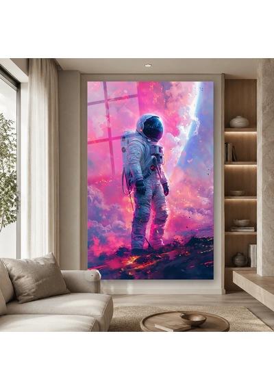 Pembe Bulutlarda Yürüyen Astronot Çerçevesiz Cam Tablo