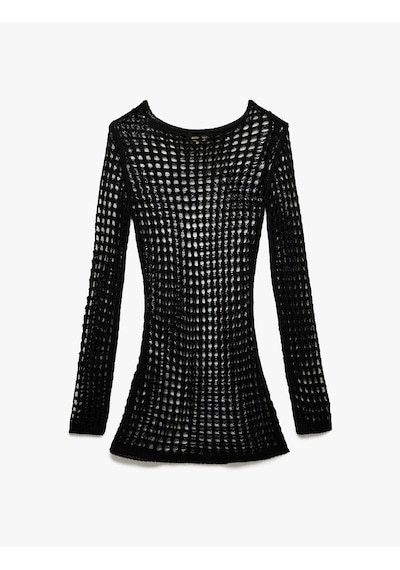 Koton Slim Fit Uzun Kollu Bisiklet Yaka File Kroşe Plaj Elbisesi Siyah 6sak80001mt