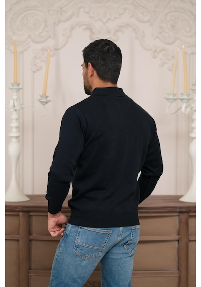 Woolen World Polo Yaka Cepli Armürlü Yünlü Erkek Triko Kazak Lacivert