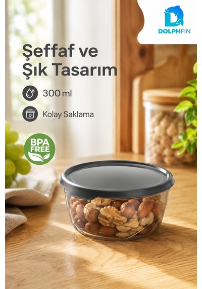 Yuvarlak Saklama Kabı 300 Ml 12,5x12,5x5 Cm Şeffaf Siyah Kapaklı Bpa İçermez