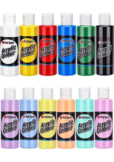 Red Apple 12 X 70 Ml Akrilik Boya 6 Ana Renk + 6 Pastel Renkler Set 12 Renk Akrilik Boya Seti Çok Renkli