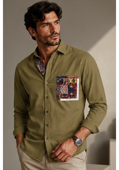 Serseri Jeans Erkek Uzun Kollu Çift Etnik Detaylı Desenli Cep Detaylı Pamuklu Rahat Kalıp Casual Gömlek Haki