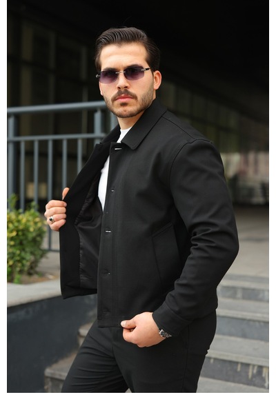 Spor Şık Rahat Kumaş Düğmeli Mevsimlik Ceket Siyah