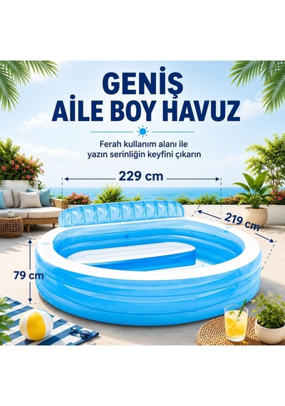 Koltuklu Şişme Aile Havuzu 229 X 219 X 79 Cm Sırt Dayamalı Ve Oturma Alanlı