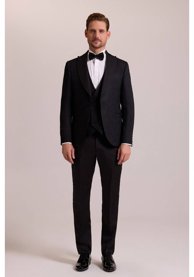 Ysf Erkek Siyah Damatlık Slim Fit Kırlangıç Yaka Desenli
