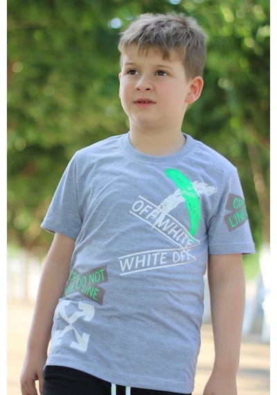 Panios Kids X Baskılı Sıfır Yaka Erkek Çocuk Gri T-shirt Gri