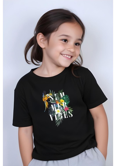 Fyk Kids Kız Çocuk Basic Summer Papağan Baskılı T-shirt Siyah