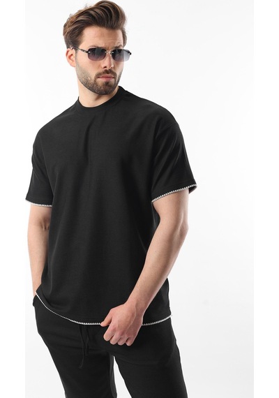 Madmext Siyah Nakış Detaylı Erkek Şort T-shirt Takım E7305 Siyah