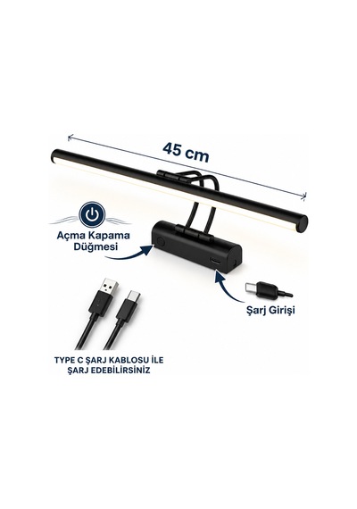 Flüt Aplik / 45cm / Şarjlı Led Aplik / Type-c Usb Kablosuz Duvar Lambası 8w Gün Işığı 3000k Siyah Kasa