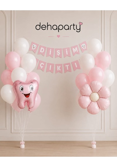 Diş Buğdayı Parti Süsleme Seti Dişim Çıktı Banner Balon Süsleri Kız Erkek Bebek Doğum Günü Konsepti 23 Parça Pembe