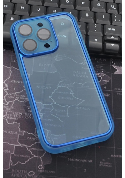 Apple Uyumlu iPhone 14 Pro  Mavi Kenarlı Renkli Yarı Şeffaf Kapak Kılıf Kamera Lens Korumalı Mavi