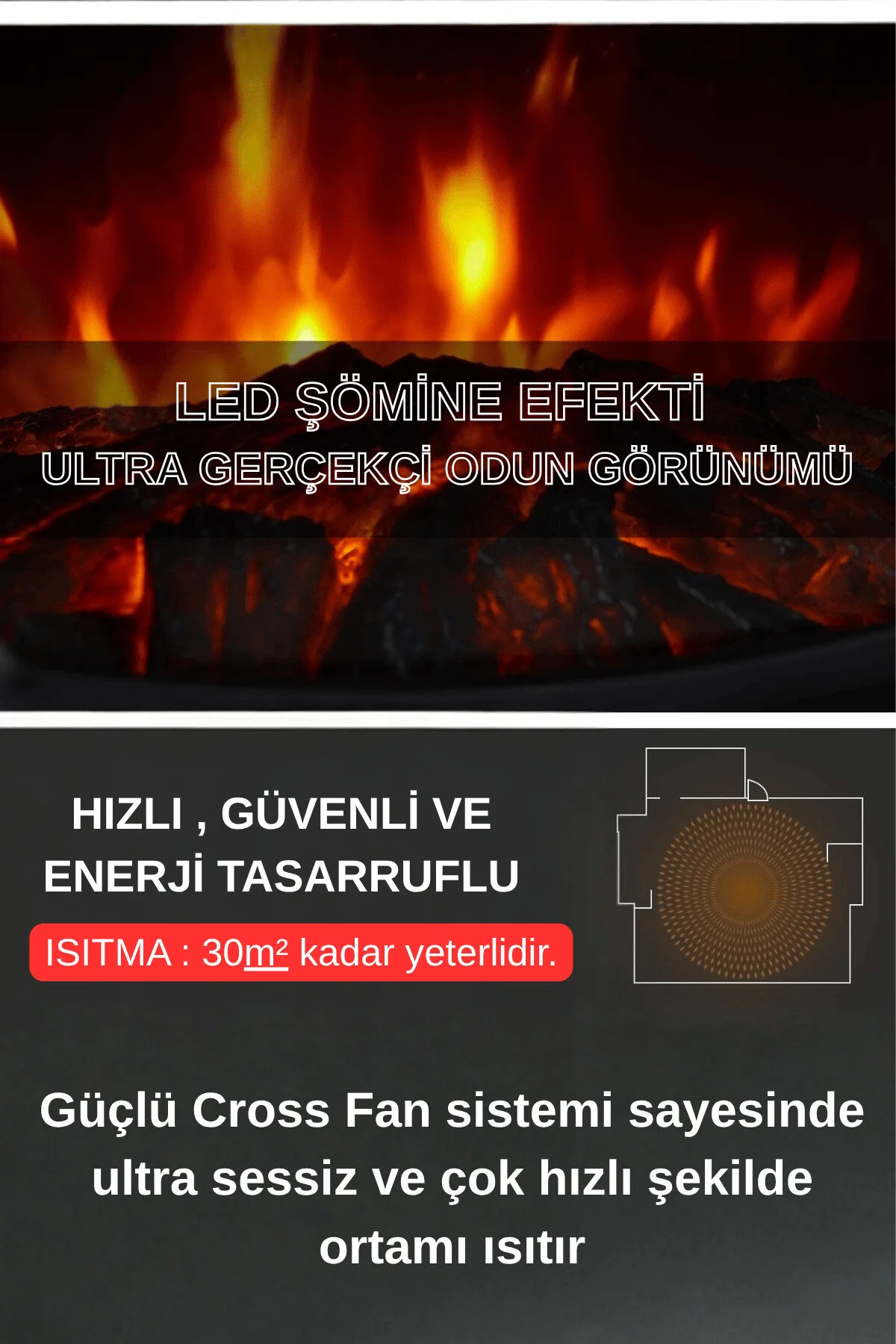 Xlarge Elektrikli Şömine & Elektrikli Soba Fanlı Isıtıcı, Led Odun Efekti, Metal Kasa Nd-183c