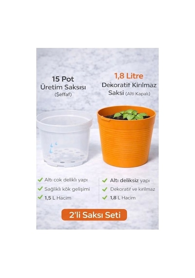 2'li Saksı Seti 15 Pot Üretim Saksısı + 1.8 L Turuncu Kırılmaz Dekoratif Dış Saksı