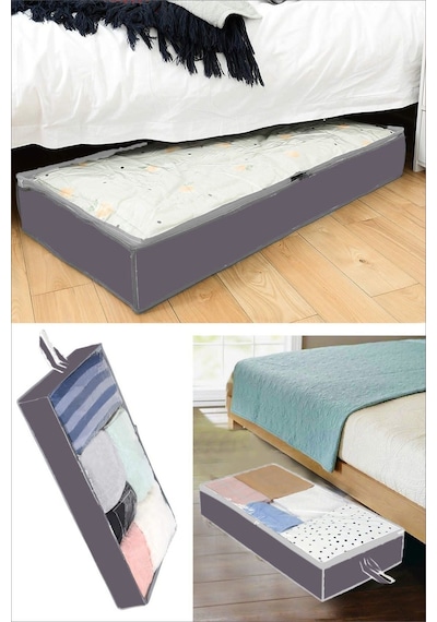 Serstil 3 Adet - Yatak Altı Baza Hurcu Fermuarlı Saklama Çantası Gri 80x20x50cm