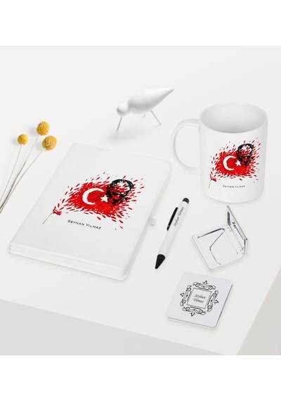 Kişiye Özel Atatürk Temalı Beyaz Defter Kalem Kupa Ayna Seti - 3 Beyaz