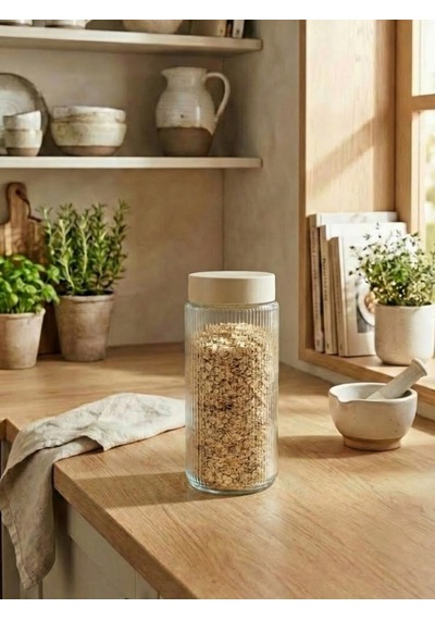 Leelahome Plastik Kapaklı Cam Saklama Kabı 1350 Ml - Krem Krem