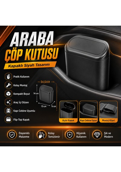 Araba Çöp Kutusu Kapaklı Siyah Araç İçi Pratik Ve Kompakt Çöp Kovası 1