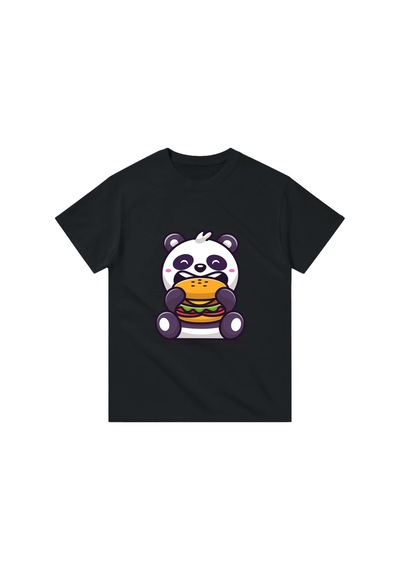 Paybuy Çocuk Karikatür Panda Burger Baskılı Kısa Kollu Tişört %100 Pamuk Siyah