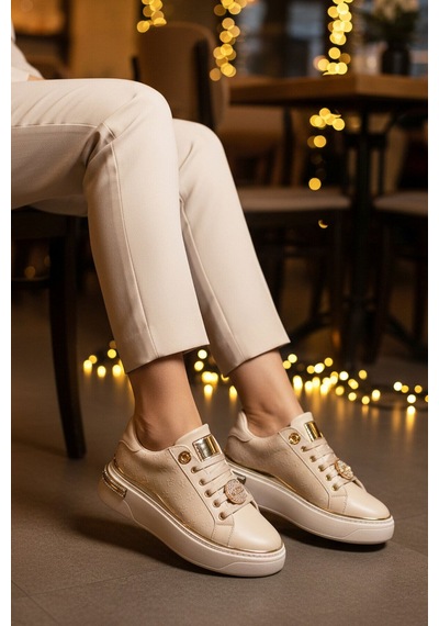 Ayakmod Bej Bağcıklı Taş İşlemeli Hafif Kadın Sneaker 431156 Z Bej