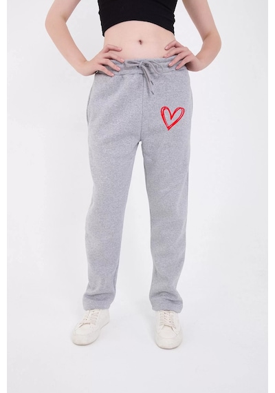 Oversize Boru Paça Baskılı Eşofman Pantolon - Gri 001