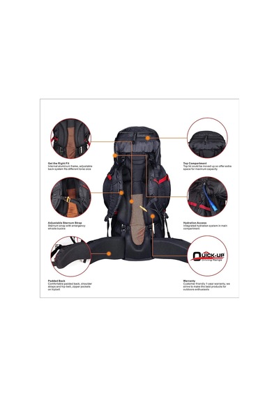 Quickup Hiking Sırt Çantası 65 Litre- Siyah-kırmızı