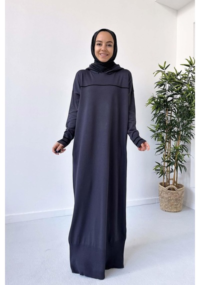 Kahijab Kapüşonlu Merserize Elbise - Füme