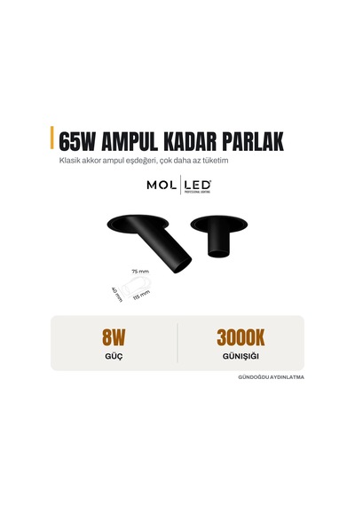 Molled Prizma Serisi 8w Sıva Altı Led Spot Siyah Kasa 3000k - Mol5002-1