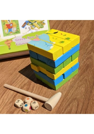 Eğitici Ahşap Resimli Jenga Ve Puzzle Seti - Çekiçli Denge Kulesi Zeka Oyunu Montessori