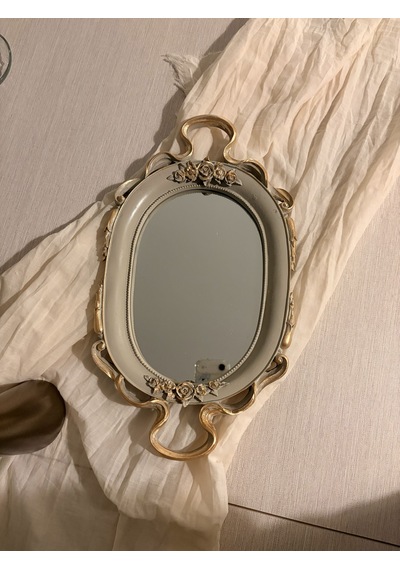 Küçük Oval Aynalı Kulplu Dekoratif Tepsi Vizon & Altın Varaklı 37x21 Cm