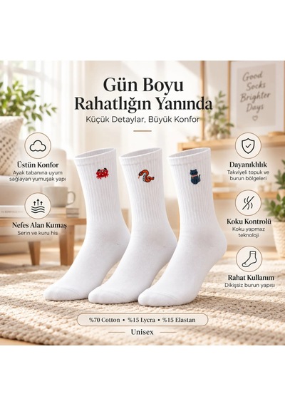 S'82 Unisex Çorap Beyaz Hayvan Nakışlı 3'lü Set Yengeç Yılan Kedi Desenli Uzun Soket Günlük Spor Çorabı