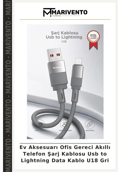 Ev Aksesuarı Ofis Gereci Akıllı Telefon Şarj Kablosu Usb To Lightning Data Kablo U18 Gri