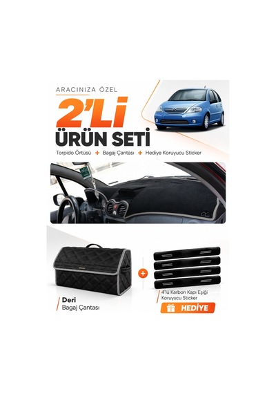 E-biz Cıtroen C3 2004-2009 Uyumlu Torpido Örtüsü + Deri Bagaj Çantası Seti - Siyah-gri - Cı004