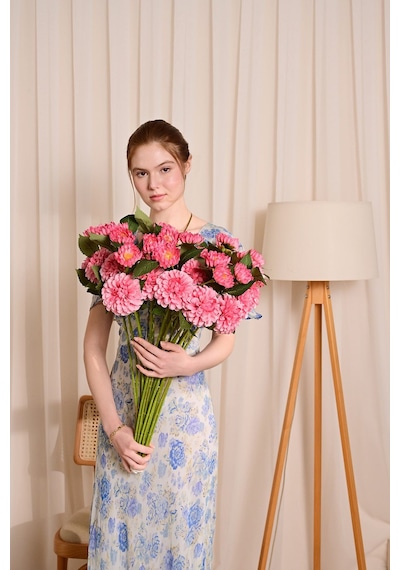 Pembe Yapay Dahlia Yıldız Çiçeği 2 Dallı Lüx İpeksi Dokulu 65 Cm
